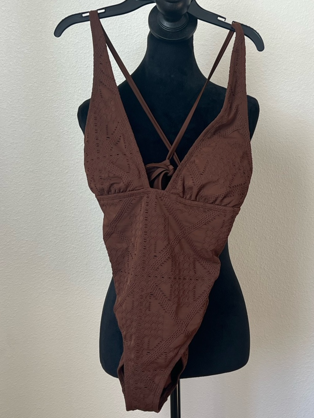 Shade & Shore  Brown Crochet Bodysuit with V-Neck and Strappy Back size M8-10